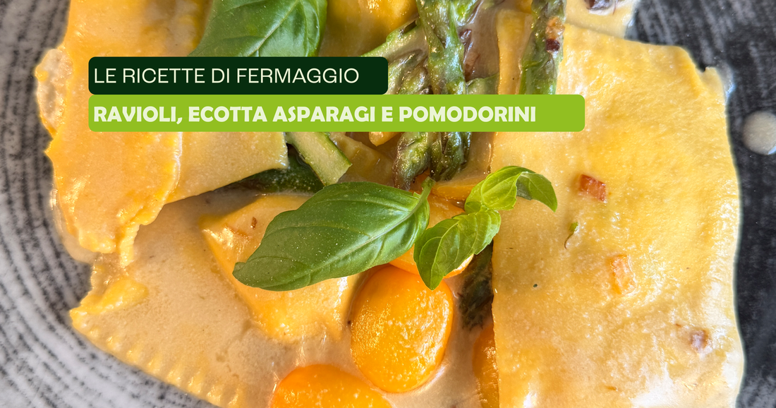 Ravioli ecotta, asparagi e pomodorini