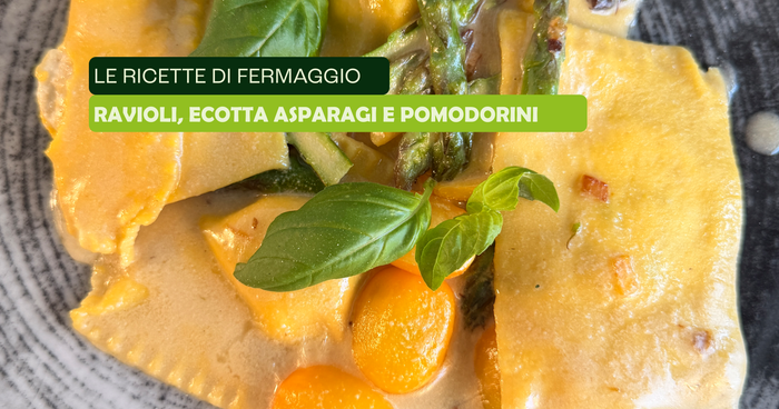Ravioli ecotta, asparagi e pomodorini