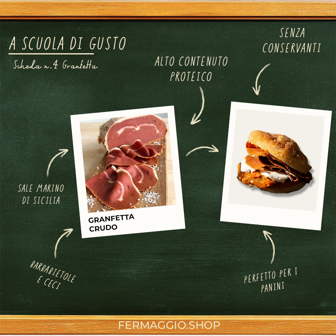 Lavagna A scuola di gusto n.4: GranFetta Crudo, alternativa vegetale a fette con barbabietole e ceci, marinata al sale marino di Sicilia, alto contenuto proteico, senza conservanti, perfetta per i panini
